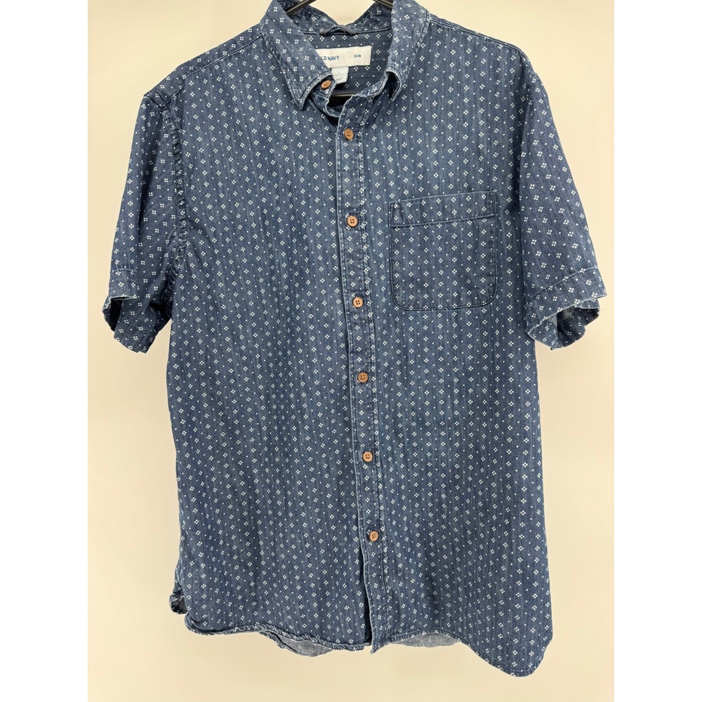 Old Navy Slim Fit Mens Large Blue Diamond Print Short Sleeve Button Down Shirt